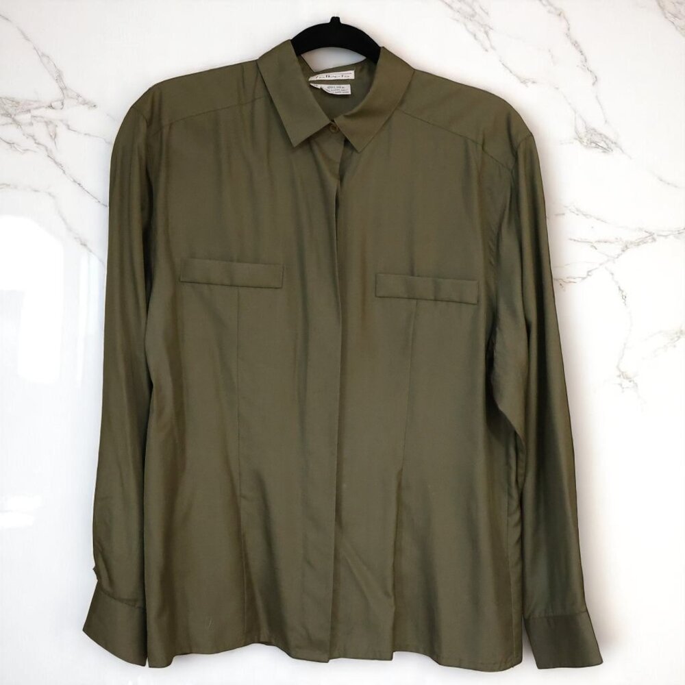 Vintage Talbots 100% Silk Blouse – Olive Green Button-Up | Size 12